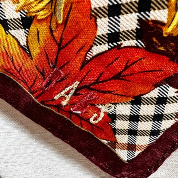 New DAKS Bandana/ Scarf Silk/Cotton 23" Burgendy  black Check Automn leaves (39) - Picture 6 of 7
